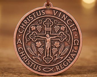 Pure Copper Christus Vincit Crucifix Pendant: Grapes, Wheat, Christian Talisman