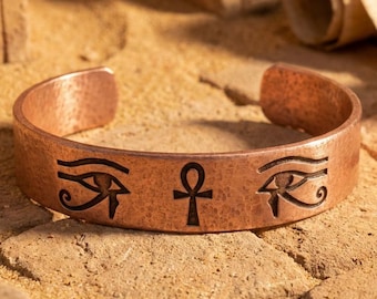 Hammered Copper Ankh Eye of Horus Bracelet, Ancient Egyptian Talisman Cuff
