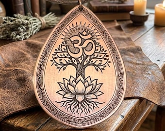 Pure Copper Om Tree of Life Lotus Pendant, Sacred Geometry Teardrop Talisman