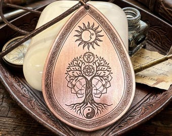 Pure Copper Sun Moon Tree of Life Pendant, Sacred Geometry Yin Yang Necklace