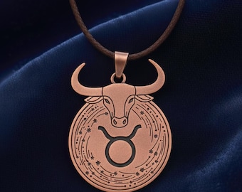 Solid Copper Taurus Zodiac Pendant, Bull Astrology Necklace, Boho Metal Jewelry