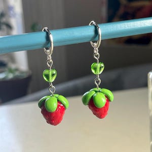 Strawberry Bead Earrings/ handmade strawberry polymer clay and seed bead earrings/ fruit earrings/ food earrings/ fruit jewelry/ cute fruit