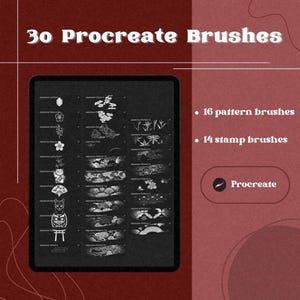 May include: A black and white digital illustration of 30 Japanese-themed Procreate brushes. The brushes include 16 pattern brushes and 14 stamp brushes. The image shows a preview of each brush on a black background.