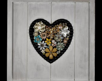 Framed Jewelry Art: "Country Heartbeat". Vintage jewelry design in whitewashed Frame. 9"x9"