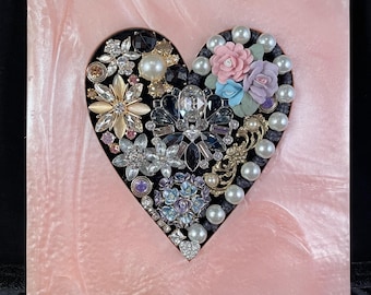 Jeweled Heart Art: Vintage Jewelry Collage in Pink Tabletop Frame. 6.5"x6.5".