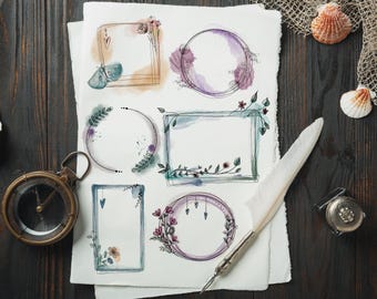 Digital decoration - 9 Hand-Drawn Watercolor Floral Frames – Transparent Background (PNG)