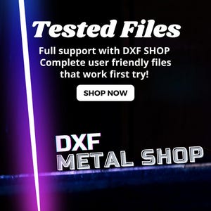 May include: A black and white graphic with the text "Tested Files" and "DXF METAL SHOP". The text is in a bold, white font. The background is black with a purple and white vertical line on the left side of the image. The text "Full support with DXF SHOP Complete user friendly files that work first try!" is below the title. A button with the text "SHOP NOW" is below the text.