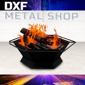 Op de afbeelding: Een zwarte metalen vuurkorf met een geometrisch ontwerp, gevuld met brandend hout en feloranje vlammen. De tekst "DXF METAL SHOP" wordt bovenaan de afbeelding weergegeven.