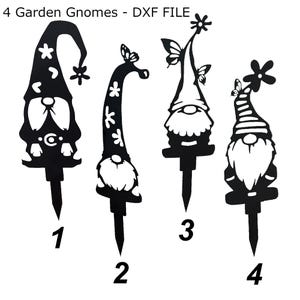 May include: Four black metal garden gnome silhouettes with different designs. The gnomes are numbered 1 through 4.