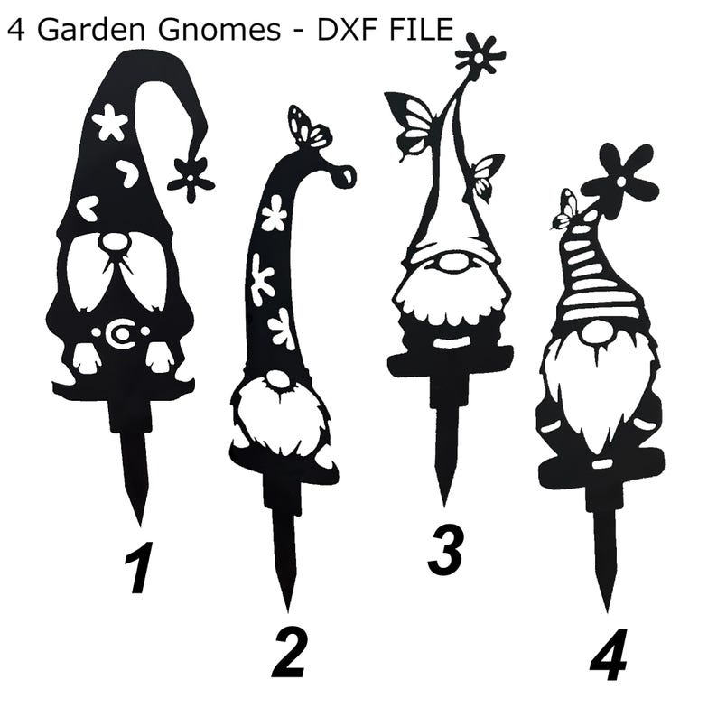May include: Four black metal garden gnome silhouettes with different designs. The gnomes are numbered 1 through 4.