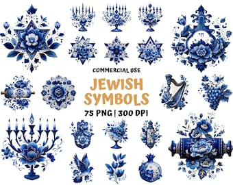 Blue Floral Judaica Symbols | 75 PNG Bundle (Digital Download)