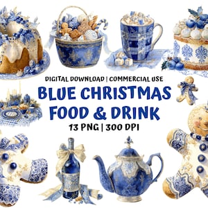 May include: A collection of watercolour illustrations featuring blue and white Christmas food and drink. Includes a cake, biscuits, a basket of treats, a mug of hot chocolate, and a teapot. Text reads "BLUE CHRISTMAS FOOD & DRINK".