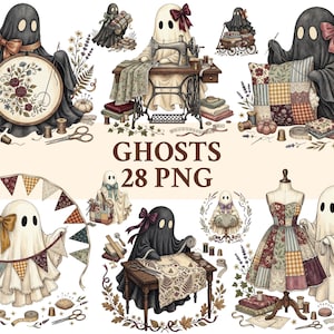 Könnte beinhalten: Eine Sammlung von 28 digitalen Illustrationen mit Geistern, die nähen und basteln, darunter Sticken, Quilten und Schneidern mit alten Nähmaschinen, Stoffresten, Scheren und Garnrollen, sowie der Text GHOSTS 28 PNG.