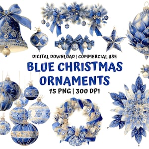 Può includere: Illustrazioni ad acquerello di ornamenti natalizi blu, tra cui campane, palline, stelle e ghirlande. Il testo recita "Blue Christmas Ornaments" e "Digital Download | Commercial Use".
