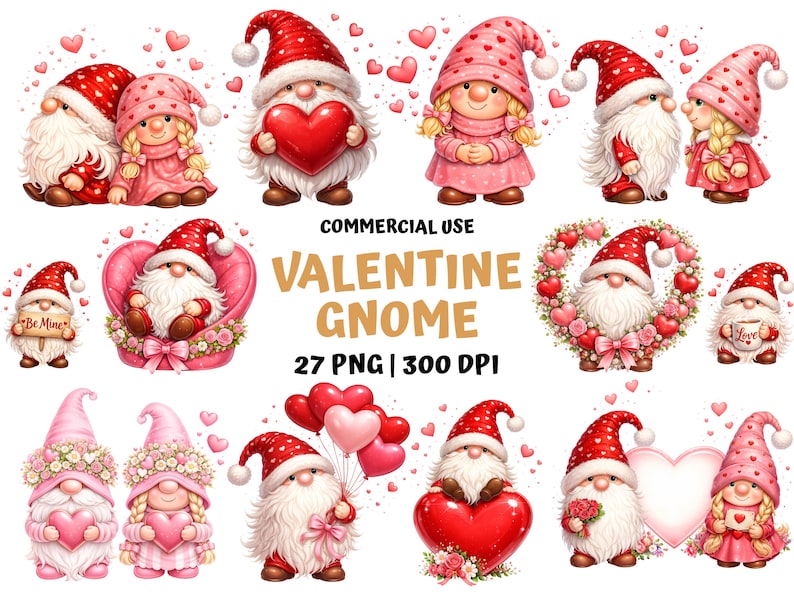 Valentine Gnomes Clipart Bundle - 27 PNG Watercolor Love Gnomes & Heart ...