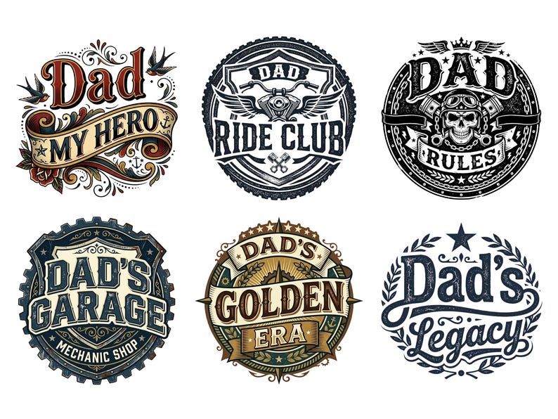 May include: Six vintage-style graphic designs with the word "Dad" in various fonts and styles. Designs include "My Hero", "Ride Club", "Rules", "Garage", "Golden Era", and "Legacy", with decorative elements like wings, gears, and banners.