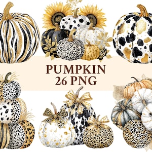 May include: Watercolor illustration of various pumpkins with gold, black, and white patterns. Some pumpkins have leopard print, stripes, and spots. The image includes sunflowers and the text "PUMPKIN 26 PNG".