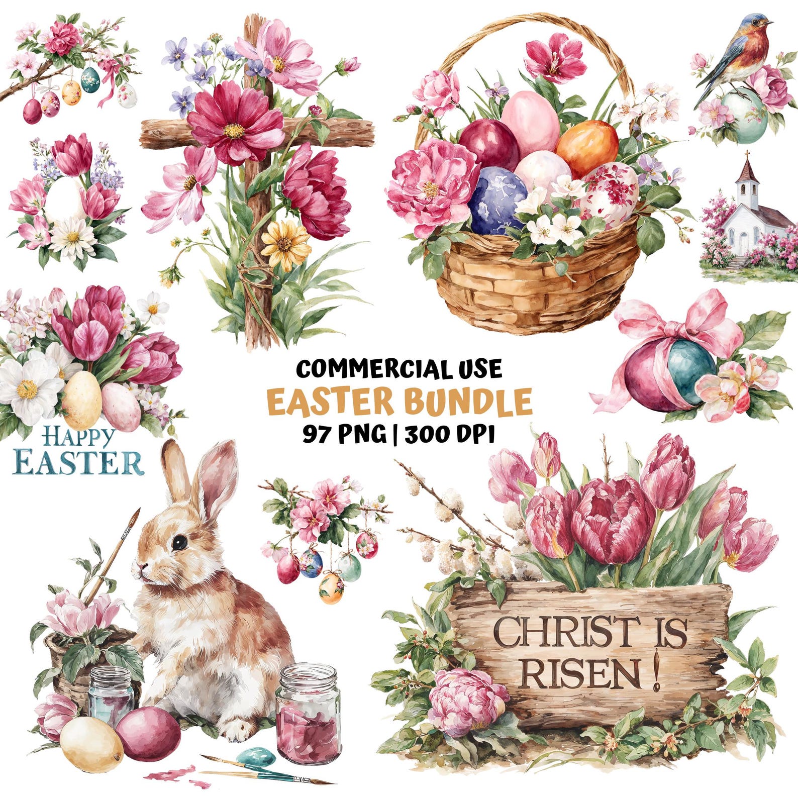 Easter Spring Clipart Set - 97 Pngs, Watercolor Bunnies & Floral ...