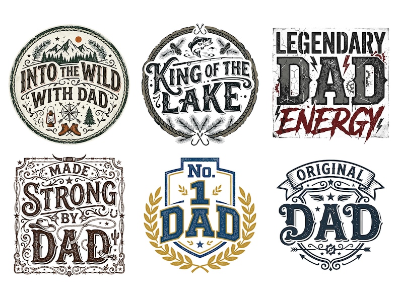 May include: A collection of six graphic designs with text for Father's Day. Designs include phrases like "Into the Wild with Dad," "King of the Lake," and "Legendary Dad Energy." The designs feature various fonts and illustrations.