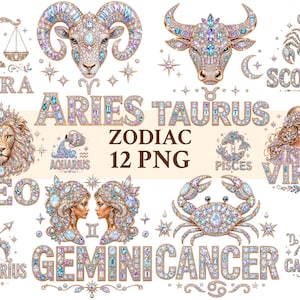 Könnte beinhalten: Eine Sammlung von zwölf Sternzeichen, illustriert mit komplizierten, juwelenbesetzten Details in Gold-, Blau- und Rosatönen. Jedes Zeichen zeigt funkelnde Edelsteine und verzierte Schriftzüge. Der Text lautet ARIES TAURUS ZODIAC 12 PNG.