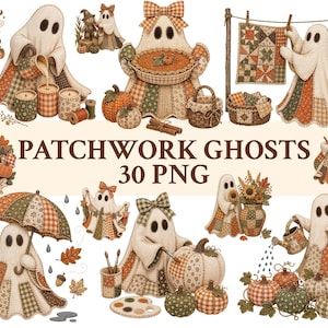 May include: A collection of 30 digital illustrations titled PATCHWORK GHOSTS 30 PNG, featuring ghosts draped in patchwork fabric patterns of orange, green, and brown. The ghosts are depicted with pumpkins, autumn leaves, umbrellas, and craft supplies.