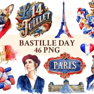 May include: Watercolor illustrations featuring French themes. Includes a French Bulldog with a tricolor scarf, the Eiffel Tower, a woman in a beret, macarons, and a sign that says "Paris". The text "Bastille Day 46 PNG" is also present.