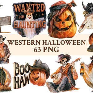 May include: A collection of watercolour illustrations with a Western Halloween theme. Images include a crow, a ghost in a cowboy hat, carved pumpkins, and skeleton cowboys. Text includes "Wanted for Haunting" and "Boo Haw".