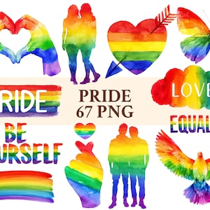 Pode incluir: Ilustrações em aquarela com designs coloridos do arco-íris. Inclui um coração, uma borboleta, uma pomba e gestos de mãos, juntamente com as palavras "Pride", "Love", "Equality" e "Be Yourself". A imagem também contém o texto "Pride 67 PNG".