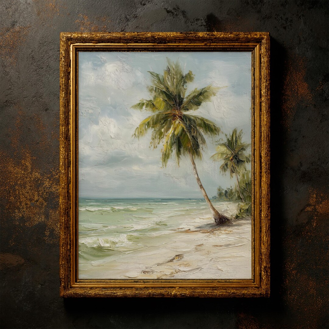 Coastal Palm Tree Oil Painting Print – Tropical Beach Wall Art & Ocean ...
