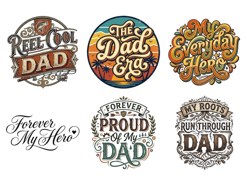 May include: Six colorful graphic designs with text, including "Reel Cool Dad," "The Dad Era," and "My Everyday Hero." Other designs say "Forever My Hero," "Forever Proud of My Dad," and "My Roots Run Through Dad."