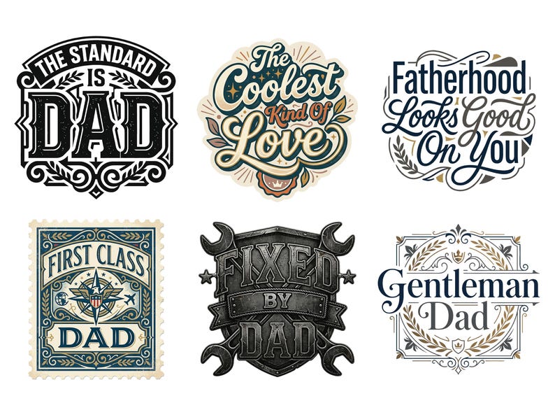 May include: A collection of six graphic designs with text. The designs include phrases like "The Standard is Dad," "The Coolest Kind of Love," and "Fatherhood Looks Good On You." The color palette includes black, white, blue, and beige.