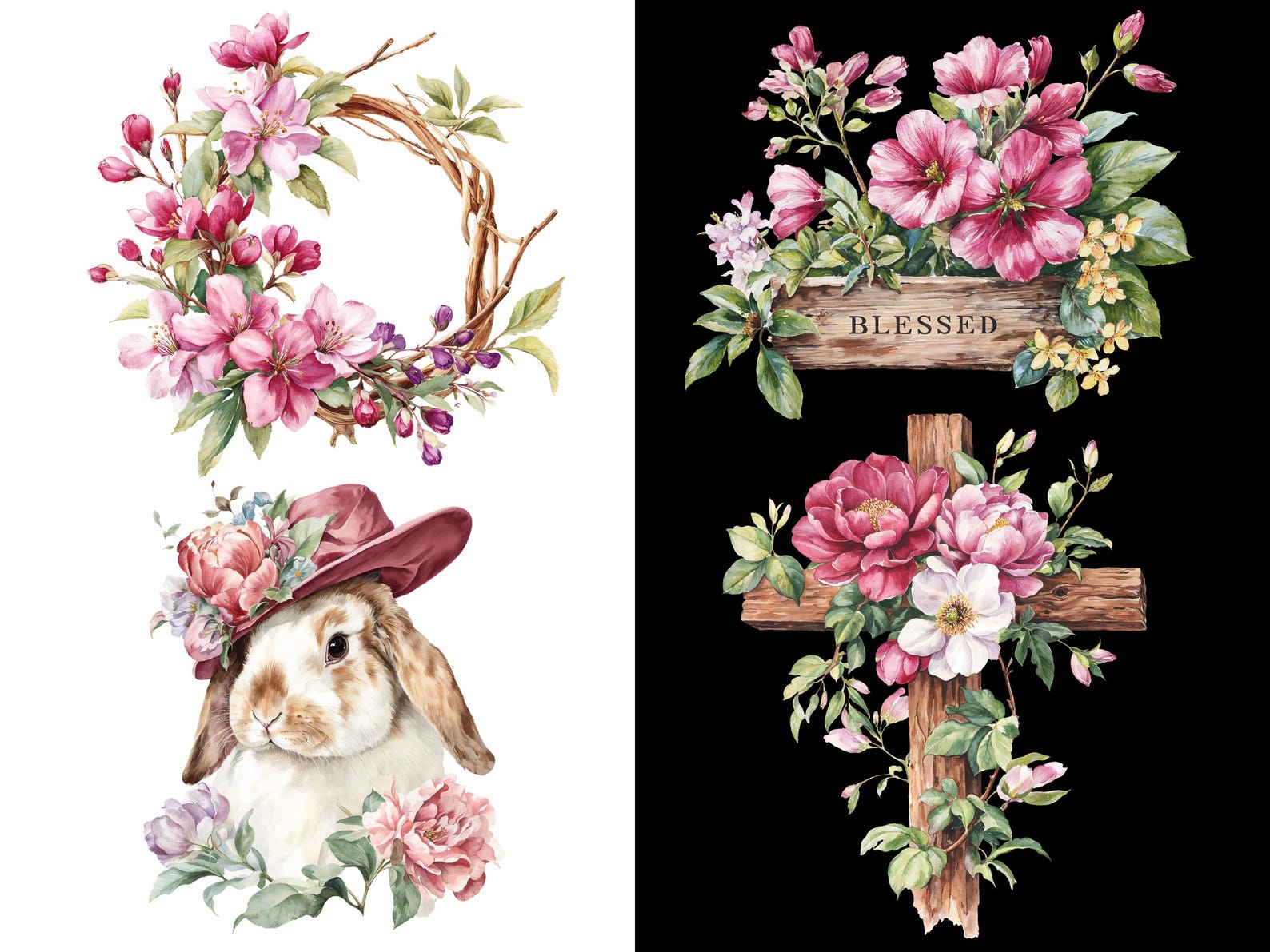 Easter Spring Clipart Set - 97 Pngs, Watercolor Bunnies & Floral ...