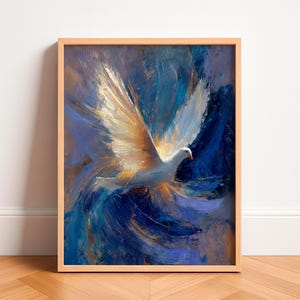 May include: A framed art print featuring a white dove in flight, painted with expressive brushstrokes. The artwork uses a palette of blues, whites, and golden hues, creating a sense of movement and light. The wooden frame adds a classic touch.