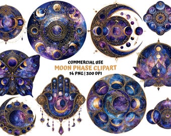 Celestial Moon Phase Clipart: 14 PNG Mystic Galaxy Hamsa, Astrology Lotus, Boho Lunar Butterfly