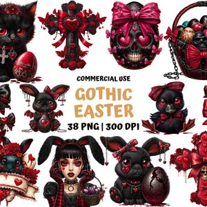 Può includere: Una collezione di illustrazioni digitali a tema Pasqua gotica. Le immagini presentano gatti neri, conigli, anatre e teschi con accenti rossi, fiocchi e cuori. Il testo "Gothic Easter" è visualizzato al centro. Illustrazioni PNG a 300 DPI.