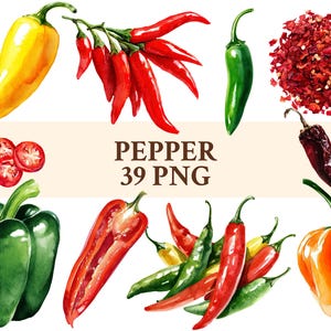 May include: Watercolor illustration of various peppers, including yellow, red, and green varieties, along with sliced tomatoes and red pepper flakes. The image also includes the text "PEPPER 39 PNG".