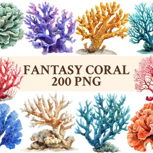 Pode incluir: Uma coleção de dez ilustrações em aquarela de várias espécies de corais em tons de verde, roxo, laranja, azul e vermelho, dispostas em torno do texto central FANTASY CORAL 200 PNG, exibindo diversas estruturas ramificadas e em leque.