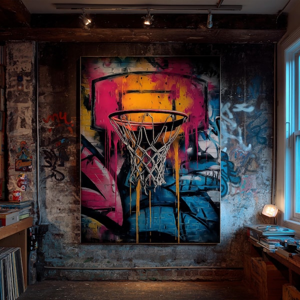 Basketball Hoop Graffiti Poster – Urban Wall Art for Gym & Sports Room Decor