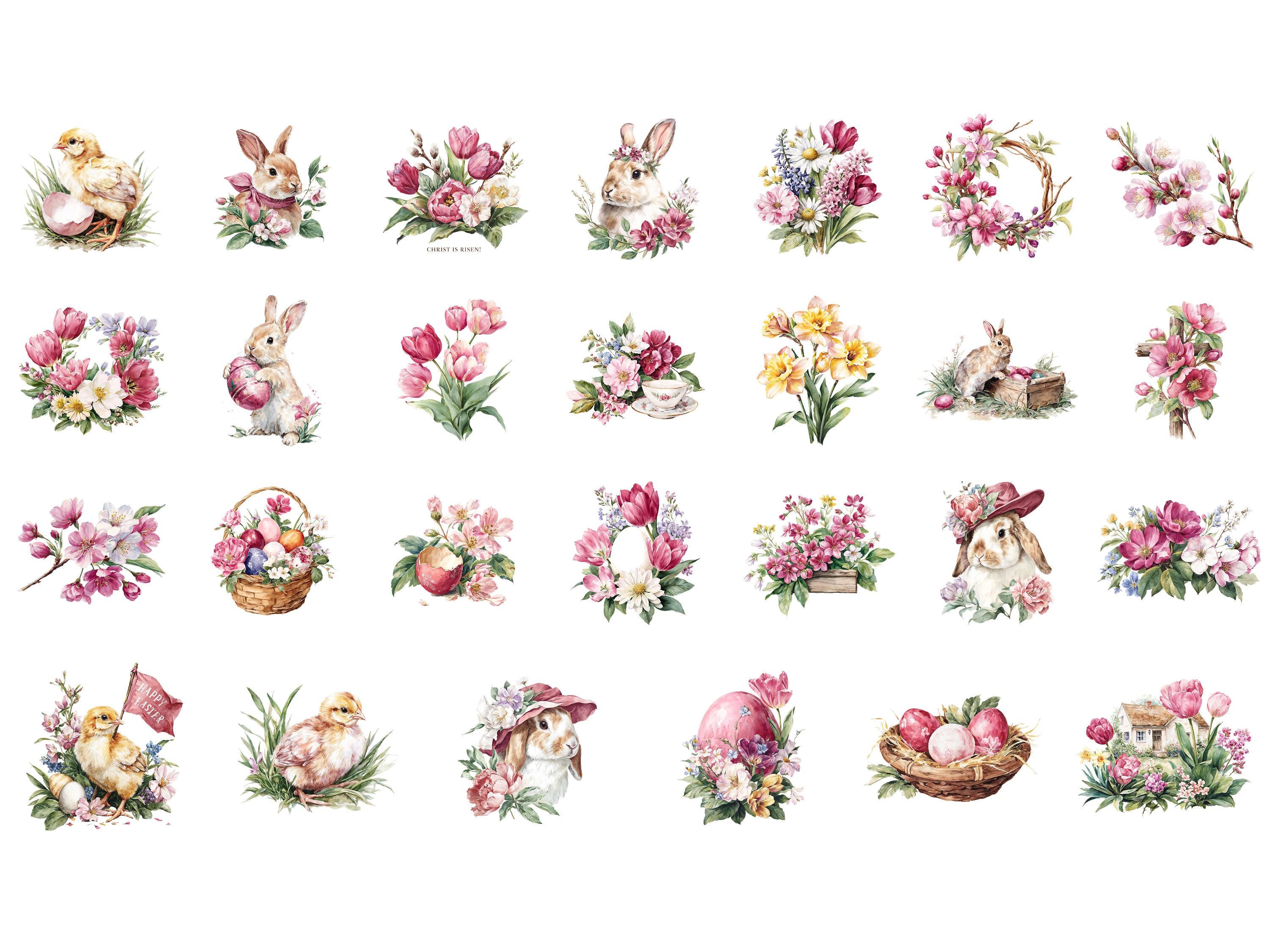 Easter Spring Clipart Set - 97 Pngs, Watercolor Bunnies & Floral ...