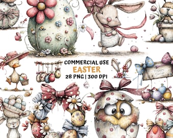 Aquarel paashaas clipart | Pastelkleurige eieren, png's voor commercieel gebruik (digitale download)