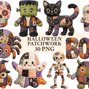 May include: A collection of Halloween-themed patchwork illustrations including a sugar skull, Frankenstein monster, black cat, mummy, spider, owl in a witch hat, ghost, skeleton, and monster, with the text HALLOWEEN PATCHWORK 30 PNG.