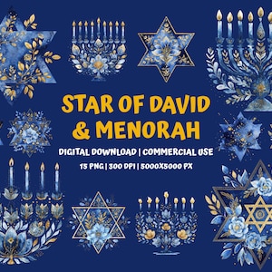 May include: Digital download with watercolour illustrations of the Star of David and menorahs in blue and gold. The image includes various designs with floral and geometric elements, ideal for digital art projects.