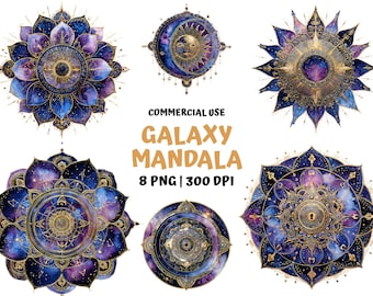 8 Galaxy Mandala PNG Set – Mystic Starry & Moon Designs, Sacred Geometry Clipart