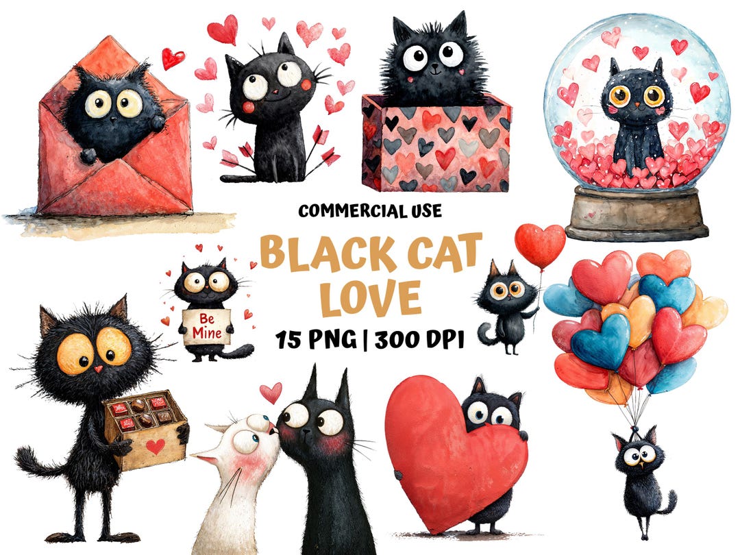 Black Cat Watercolor Clipart – Valentine Kitten PNG Bundle - Etsy