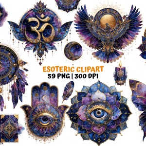 Esoteric Clipart Set | 59 Witchy Spiritual PNGs | Third Eye & Cosmic Watercolor Designs