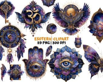 Esoteric Clipart Set | 59 Witchy Spiritual PNGs | Third Eye & Cosmic Watercolor Designs