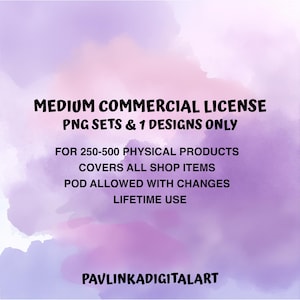 Puede incluir: Gráfico de arte digital con un fondo de acuarela suave en morado y blanco. El texto dice "MEDIUM COMMERCIAL LICENSE PNG SETS & 1 DESIGNS ONLY" y detalles de uso, incluyendo "LIFETIME USE" y el nombre del artista.