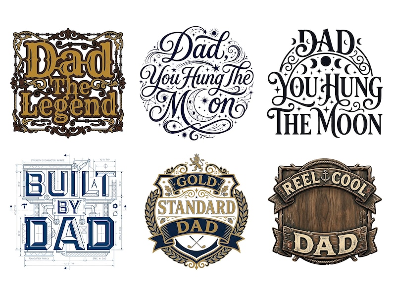 May include: Six graphic designs with text for Father's Day. The designs include phrases like "Dad The Legend", "Dad, You Hung The Moon", and "Built By Dad". Other designs feature "Gold Standard Dad" and "Reel Cool Dad".