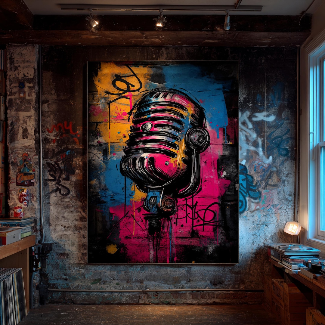 Graffiti Microphone Poster | Colorful Neon Hip Hop Wall Art | Vintage ...