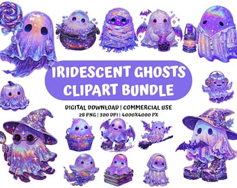 Pastel Halloween Ghost Clipart: Kawaii Witch, Iridescent PNGs (Digital Download)